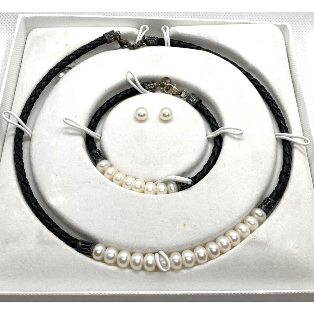 Vintage White Pearl Beaded 16-18'' Necklace 7.5'' Bracelet & Earrings Set Patina